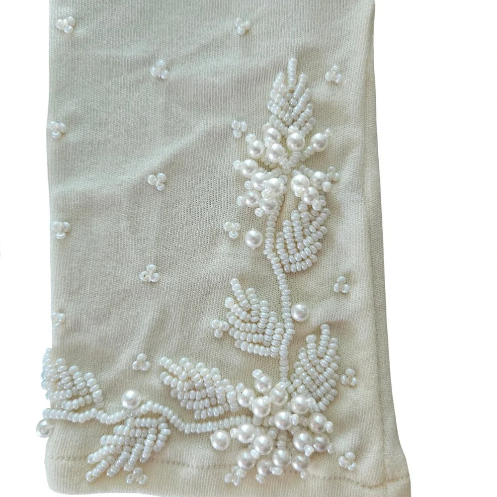 Vintage Cream Beaded Floral Stretch Nylon Gloves Faux Pearl Bridal Formal NEW